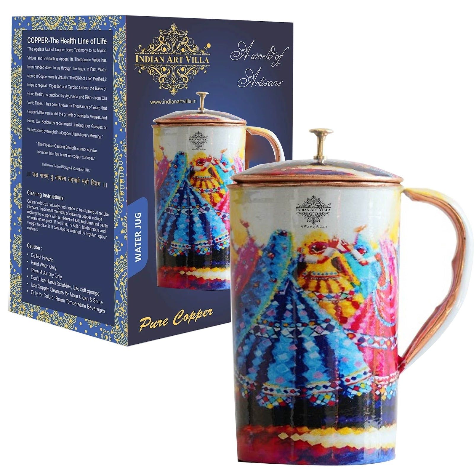 Pure copper printed jug padharo mhare desh design dancingwomen, 2000 ML